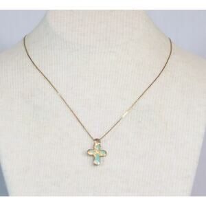 💎Barely There Cross Necklace Gold Tone Thin Chain Mint Enamel Pendant